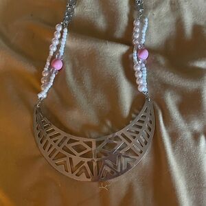 Handcrafted Geometric Silver and  Beaded Necklace 13in drop
